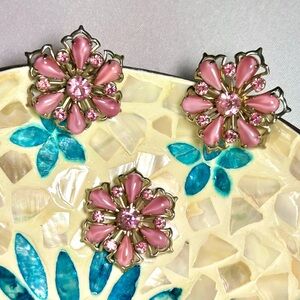 VTG Pink Rhinestone Moonglow Cabachon Atomic Spiral Brooch and Earrings Set